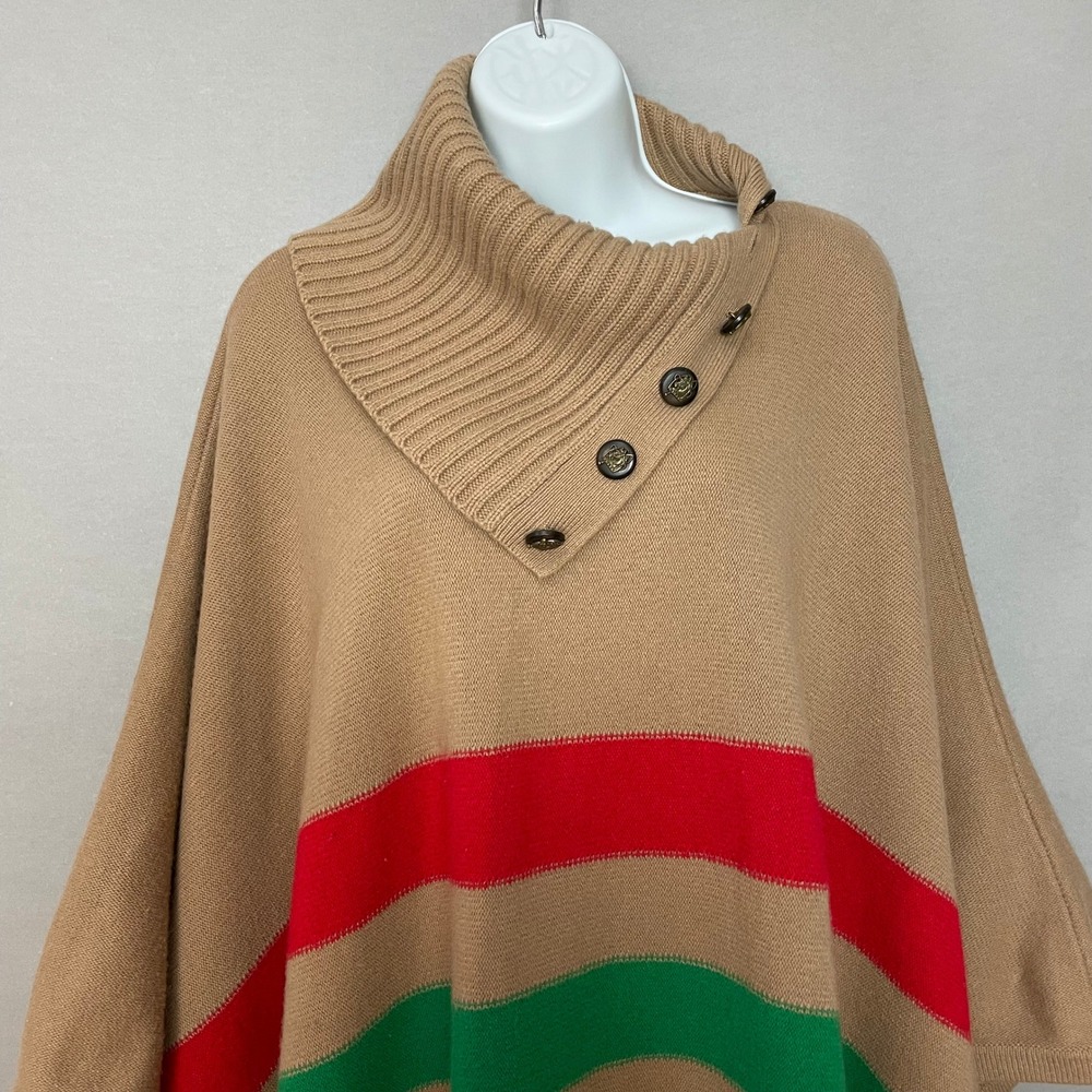 Lauren Ralph Lauren Poncho Women Small Medium Tan Multi Stripe Button Wool Blend - Picture 5 of 16